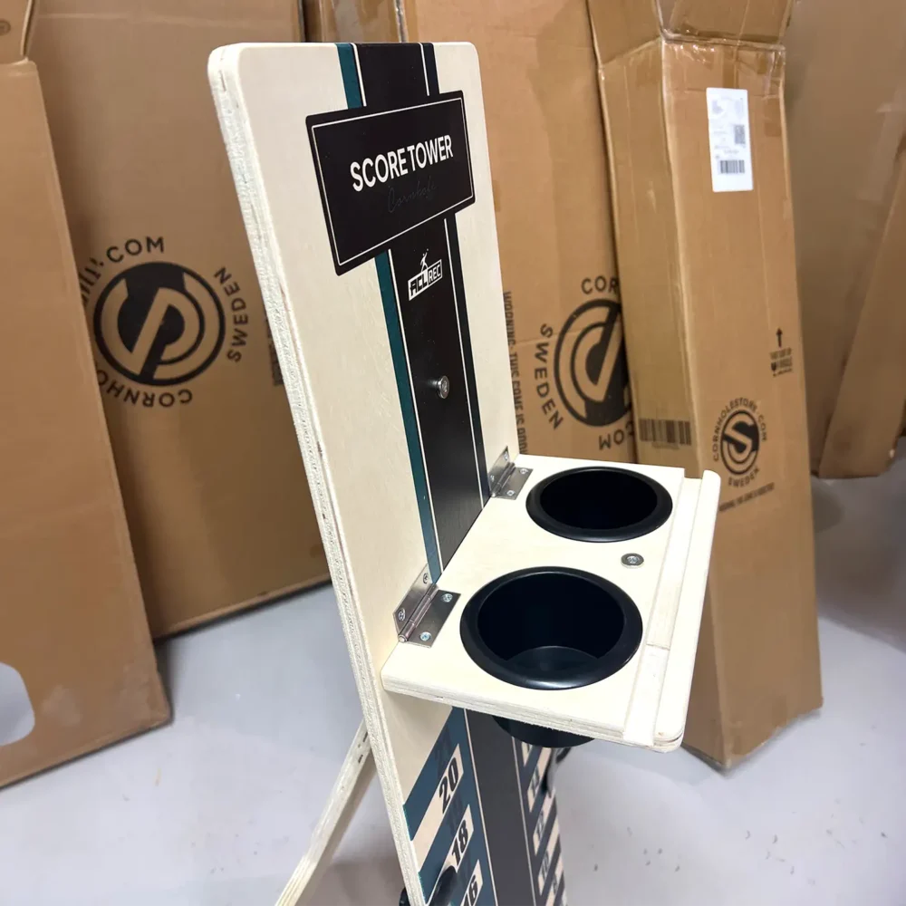 Cornhole scoreboard score tower and leaderboard cup holder